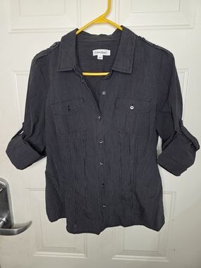 Calvin Klein Black And White Roll-Sleeve Button Down Shirt Size Large